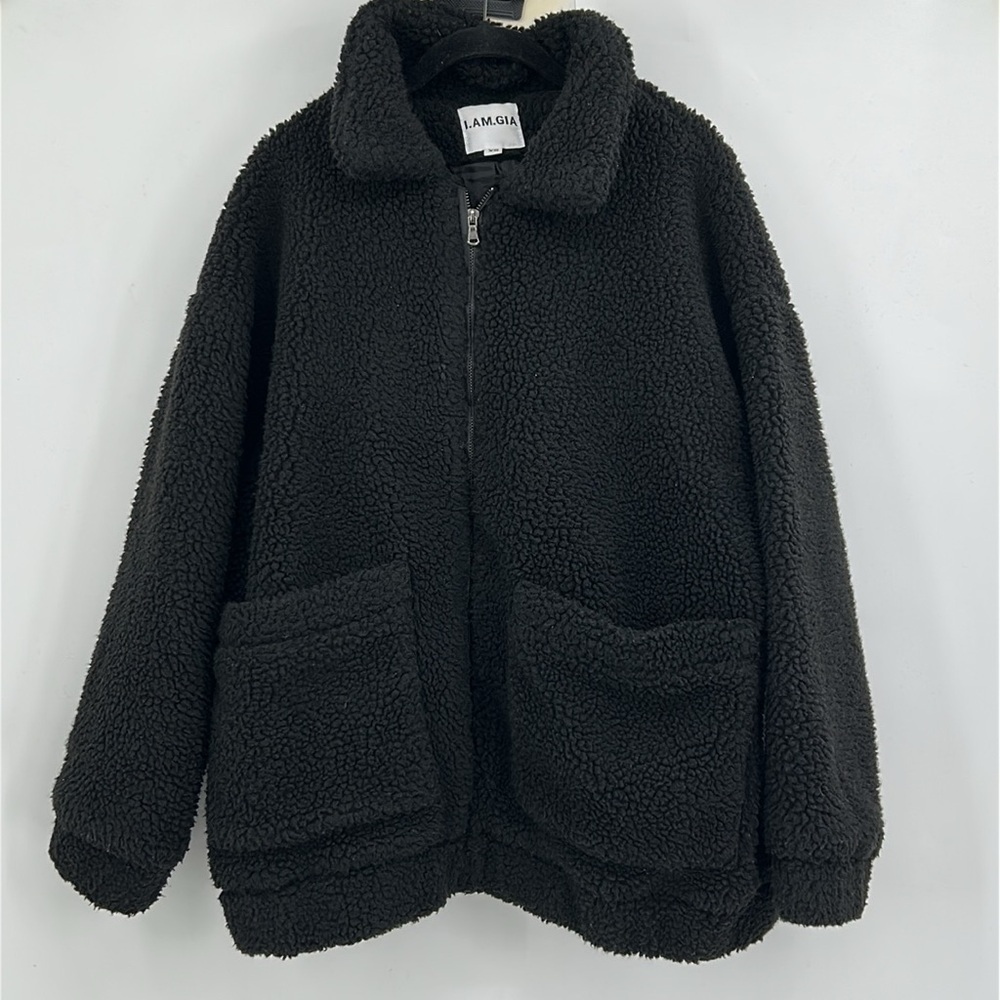 I AM GIA Pixie Sherpa Coat Size XSmall Black Oversized Relaxed Zip Up - Picture 3 of 8